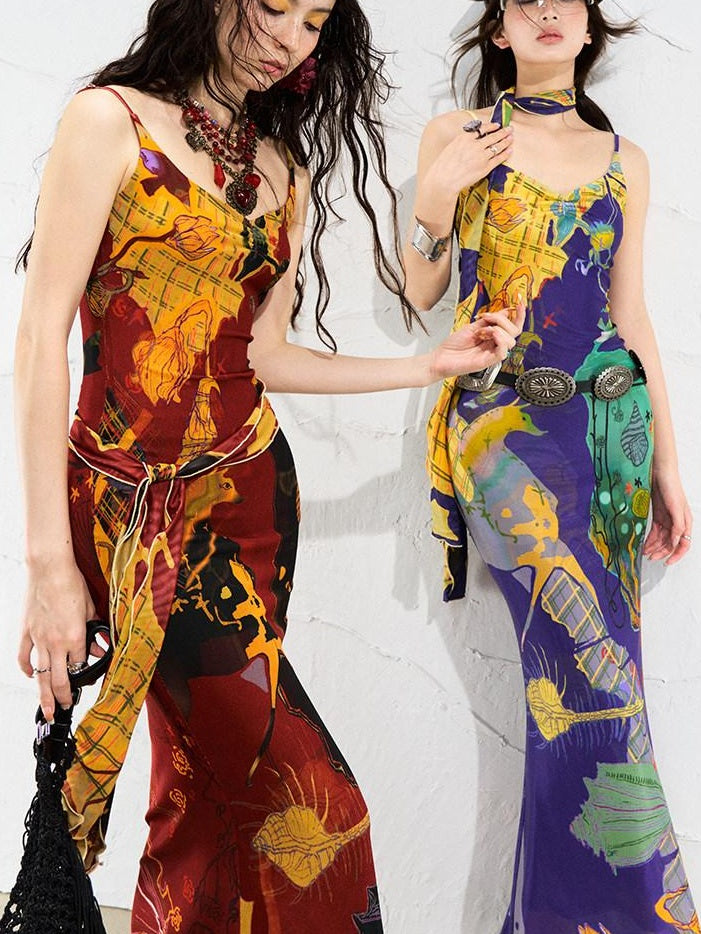 OfAkiva Sexy High Waist Square Neck Strappy Printed Stretch Polyester Maxi Dresses