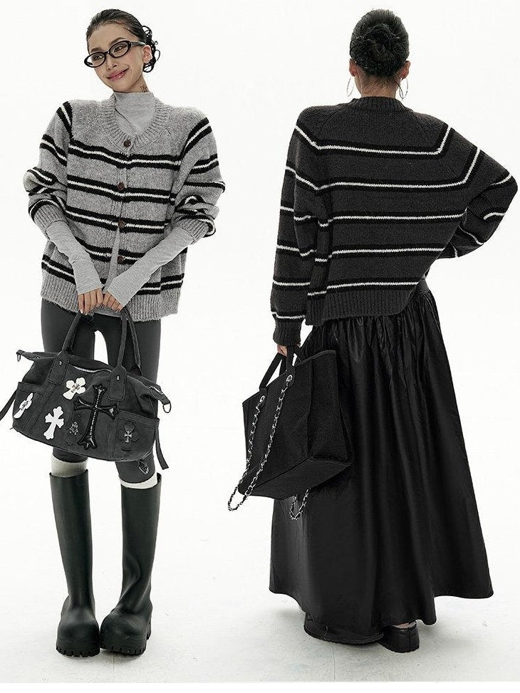 ZERO Cozy Acrylic Striped Relaxed Fit Round Neck Button Front Young Women Cardigans
