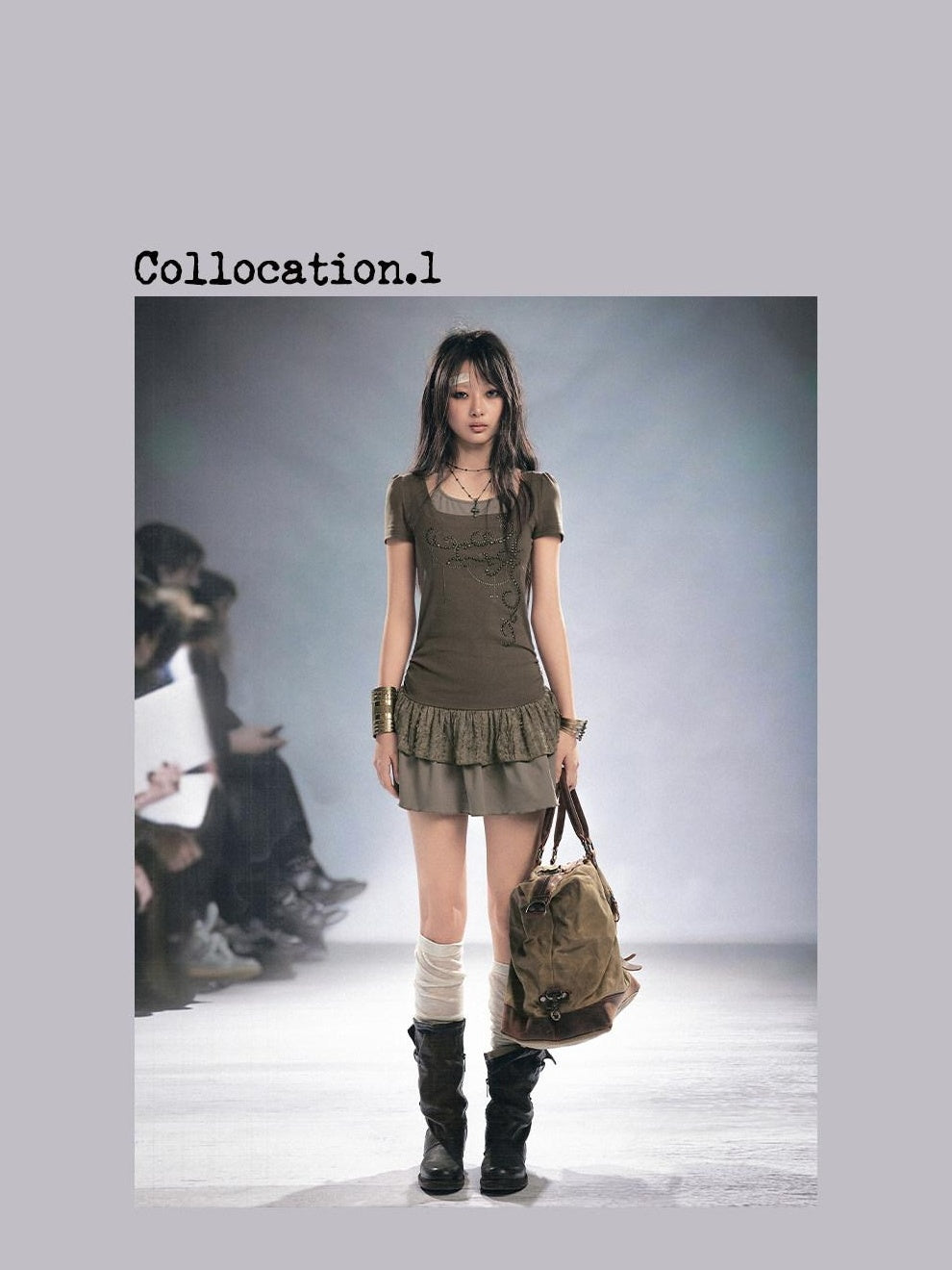 Cest Nous Rhinestone Patchwork Faux Two Piece Short Sleeve Women Sage Green Minidresses