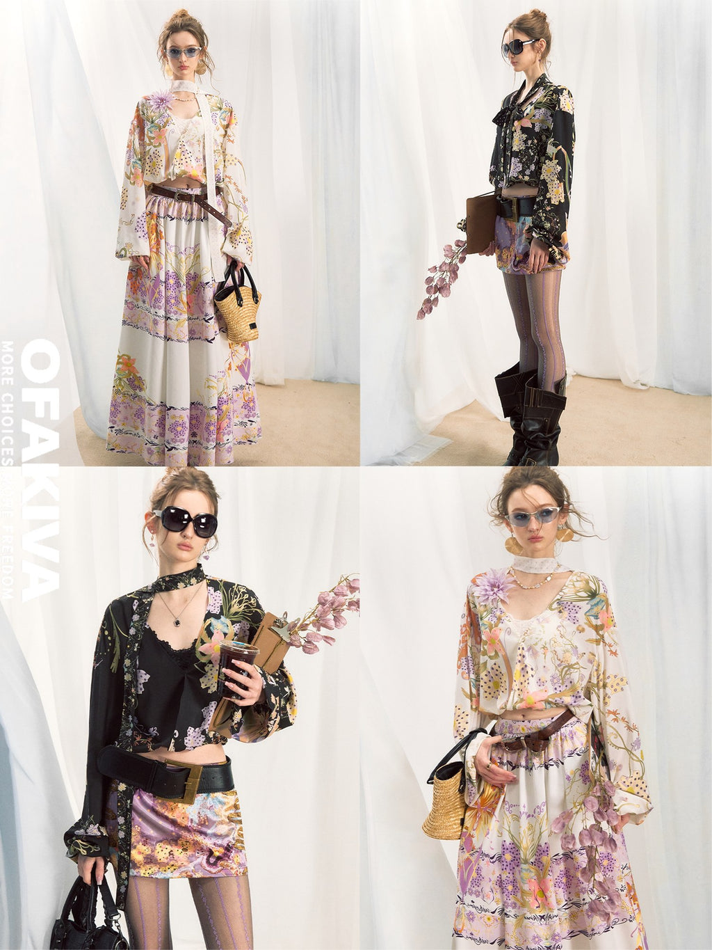 OfAkiva Slimming Vintage Loose Floral Chiffon V-neck Long Sleeve Women Printed Blouses