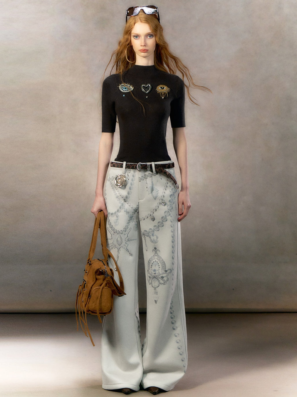 OfAkiva High Waisted Printed Chinese Style Zip Fly Women Gray Tailored Straight Pants