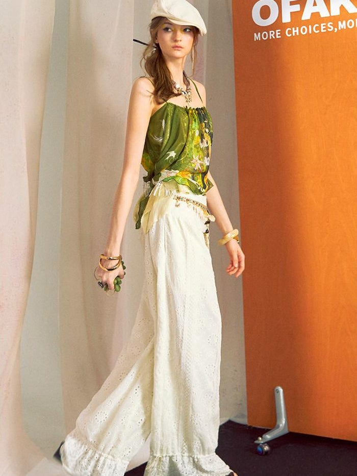 OfAkiva Relaxed Lantern Natural Waist Zip Fly Flared Hem Women Wide Leg Pants