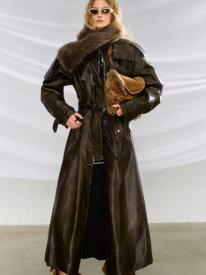 OfAkiva Thick Faux Leather Slim Fit Blazer Collar Pocket Midlength Women Long Coats