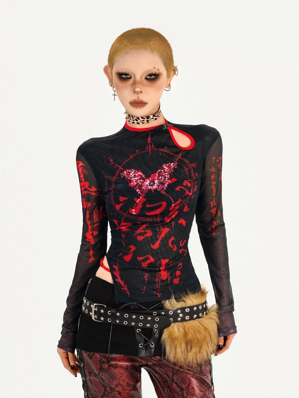 Nico Molly Dark Gothic Mesh Butterfly Print Asymmetric Slim Fit Women Long Sleeve T-Shirts