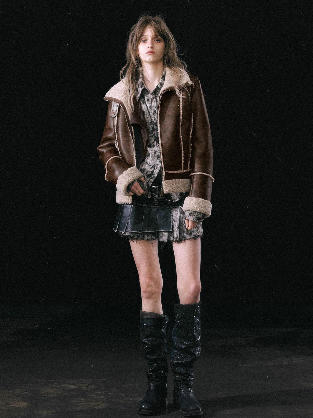 Cest Nous Thick Fleece Lined Street Straight Fit Patch Zipfront Brown Pu Leatherjackets