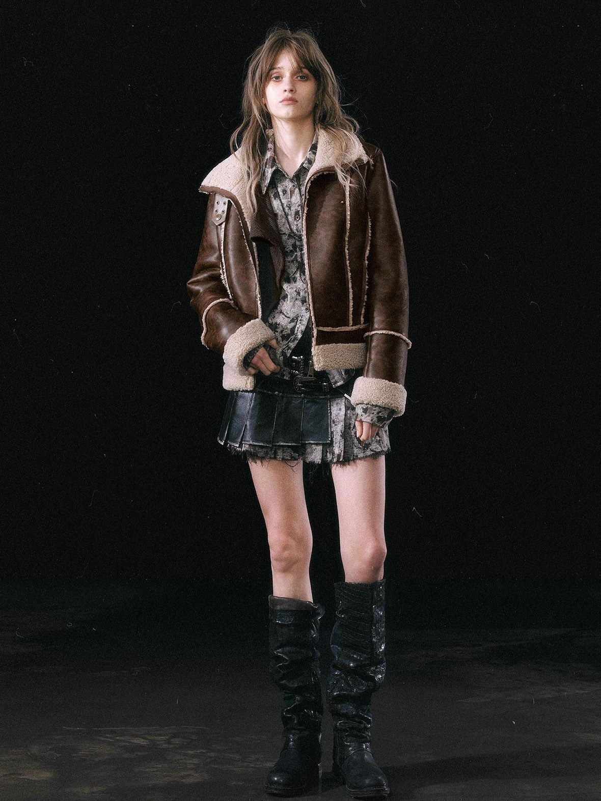 Cest Nous Thick Fleece Lined Street Straight Fit Patch Zipfront Brown Pu Leatherjackets