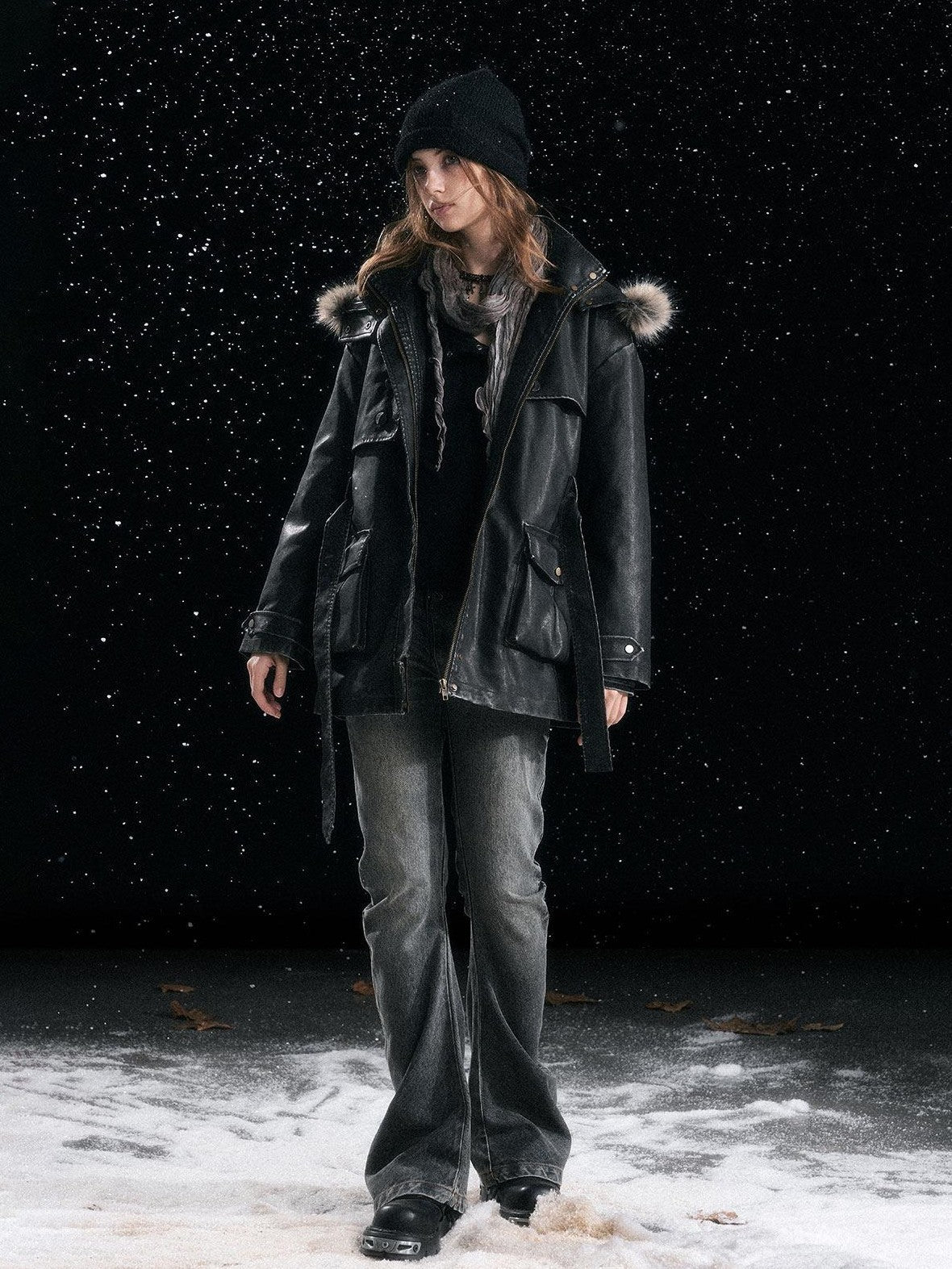 Cest Nous Insulated Commuter Hooded Straight Women Washed Black Leatherjackets