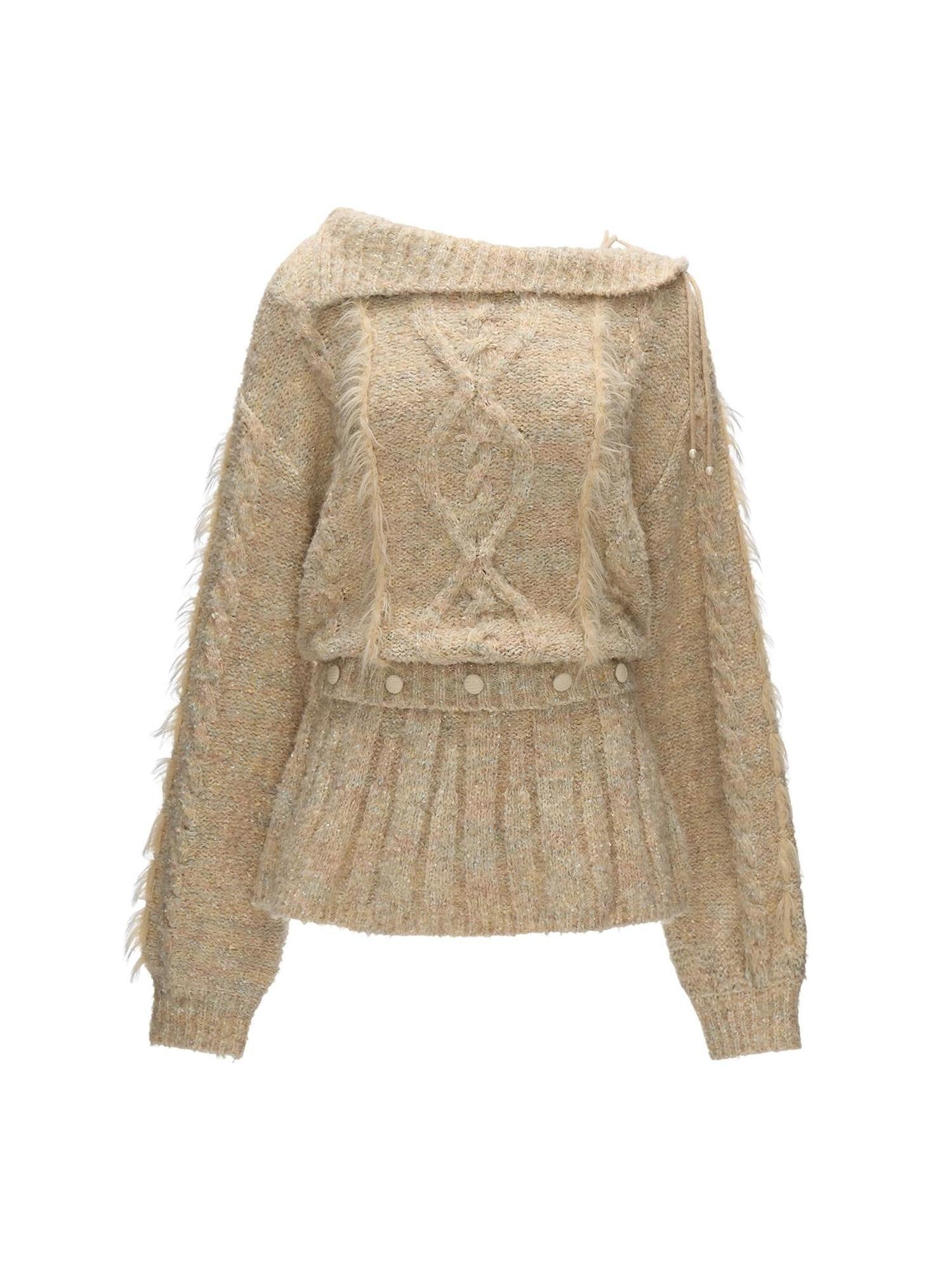 MAMC Soft Knit Waist Cinch Preppy Loose Lapel Collar Women Beige Mini Dresses