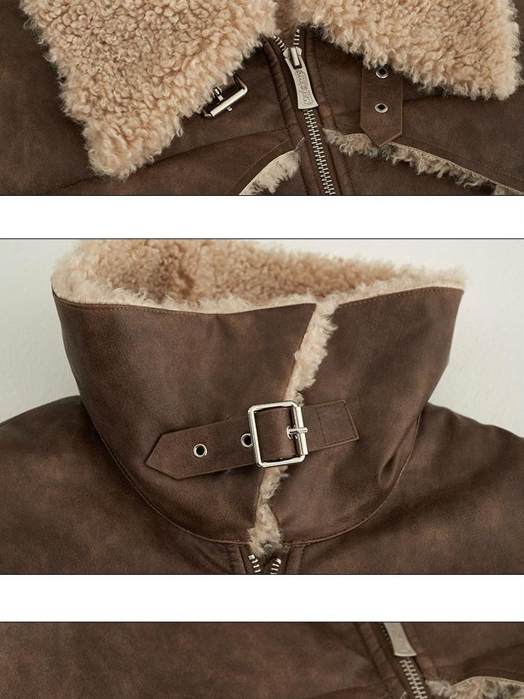 MAMC Soft Brown Panelled Lapel Collar Zip Front Loose Fit Office Leather Jackets