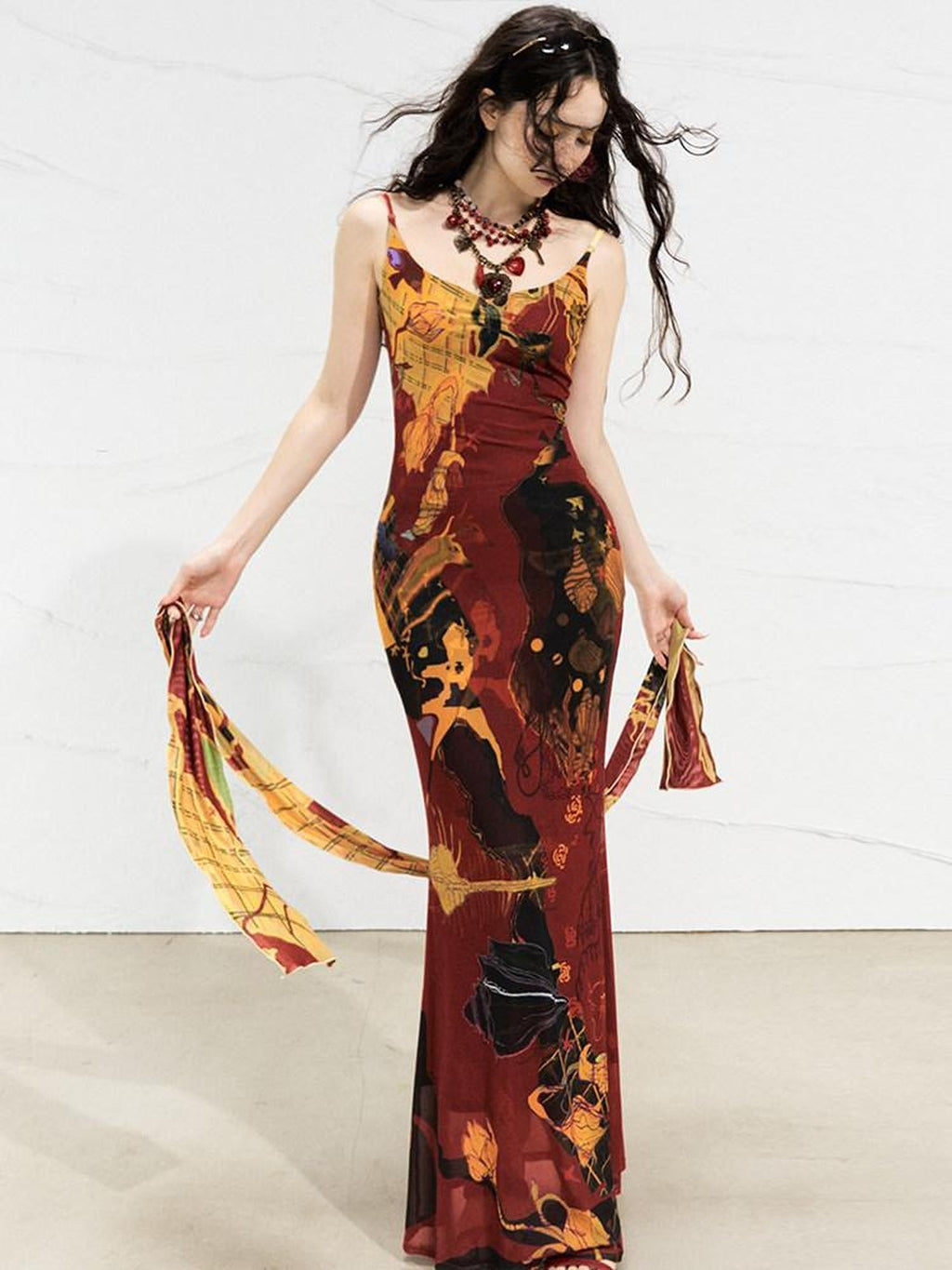 OfAkiva Sexy High Waist Square Neck Strappy Printed Stretch Polyester Maxi Dresses