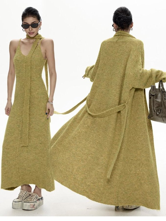 ZERO High Stretch Retro Two Piece Cardigan And Cami Women Acrylic Maxi Dresses