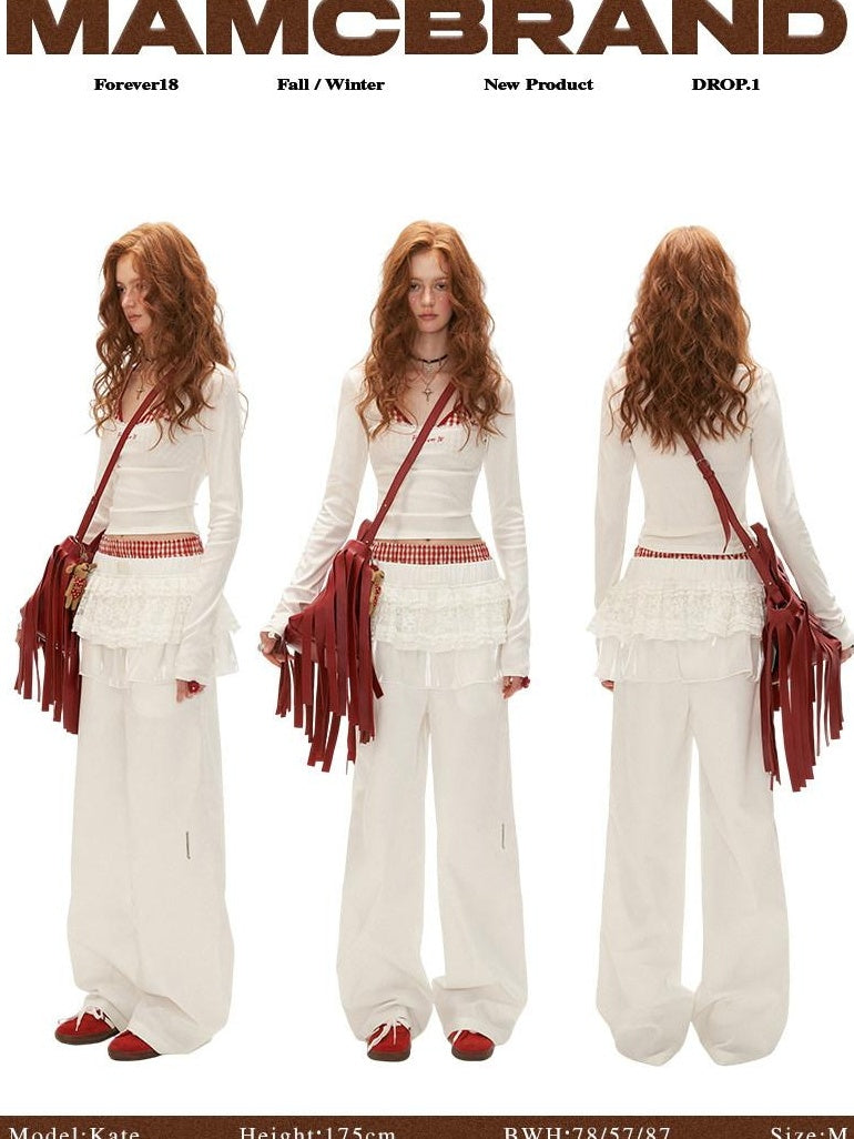 MAMC Minimalist Natural Waist Commuter Workwear White Polyester Wide Leg Pants
