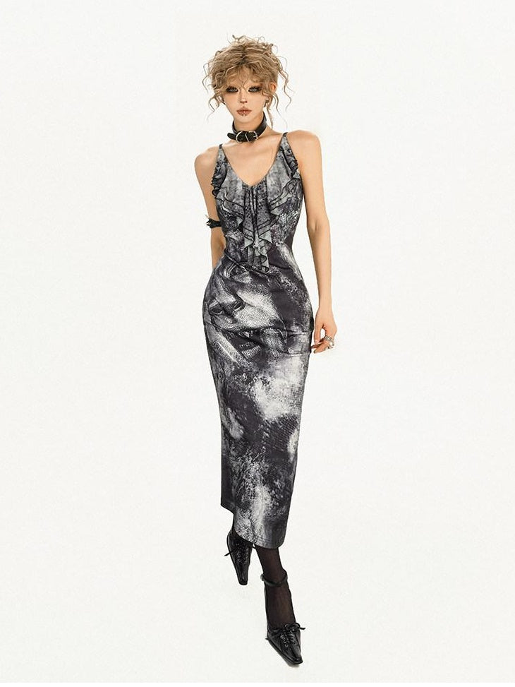 Nico Molly Flattering Chic High Waist V-neck Spaghetti Strap Office Ink Print Midi Dresses