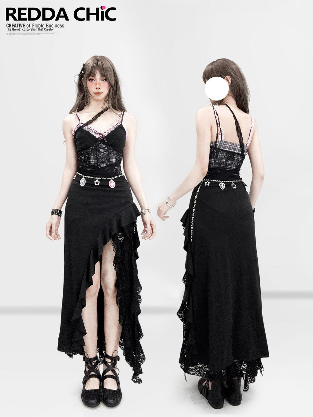 REDDACHIC Black Pink Lace Panel Asymmetrical Cinched Waist Women'S Slip Maxi Dresses