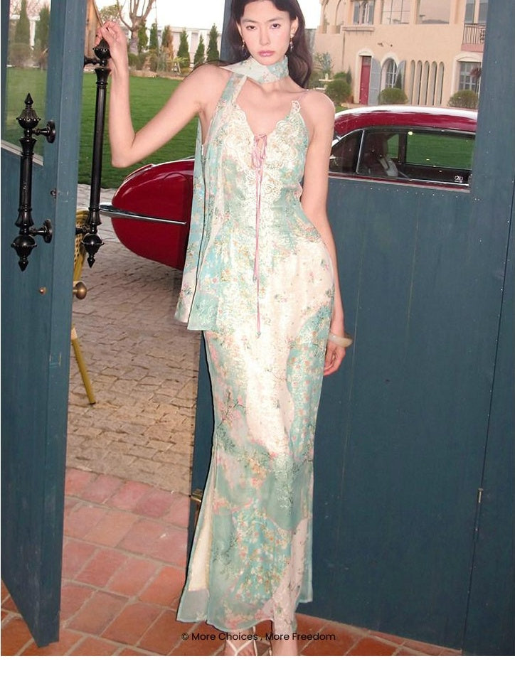 OfAkiva Flattering Cinched Waist Printed V-neck A Line Sleeveless Casual Maxi Dresses