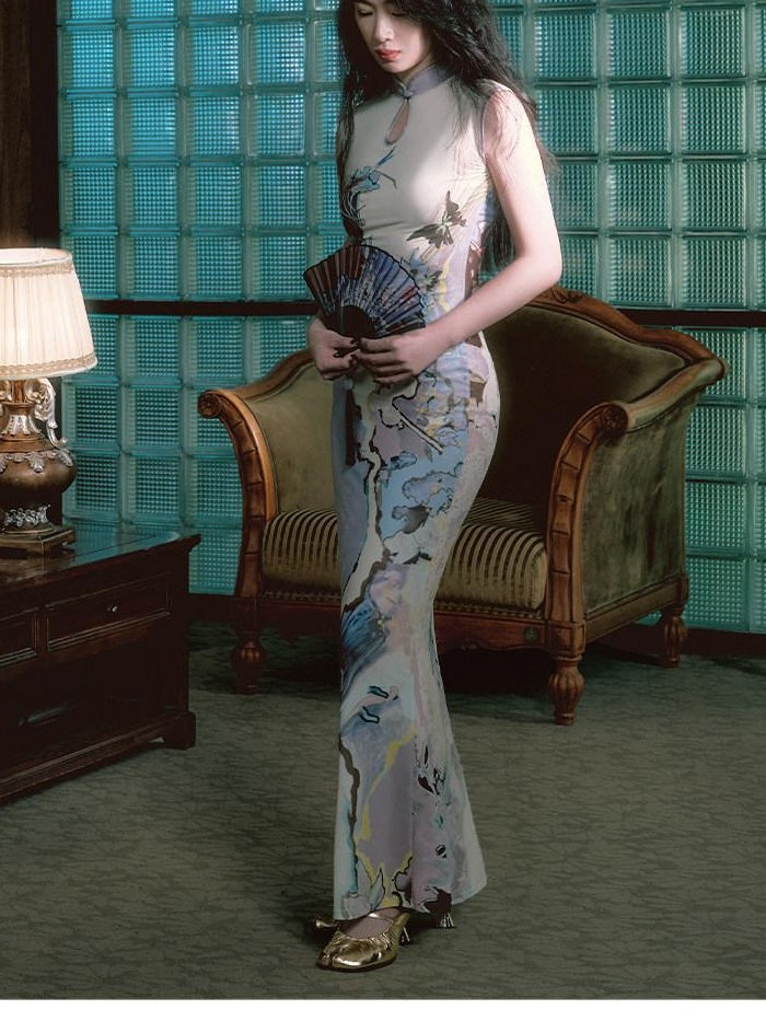 OfAkiva Floral High Waist Modern Qipao A Line Sleeveless Travel Maxi Dresses