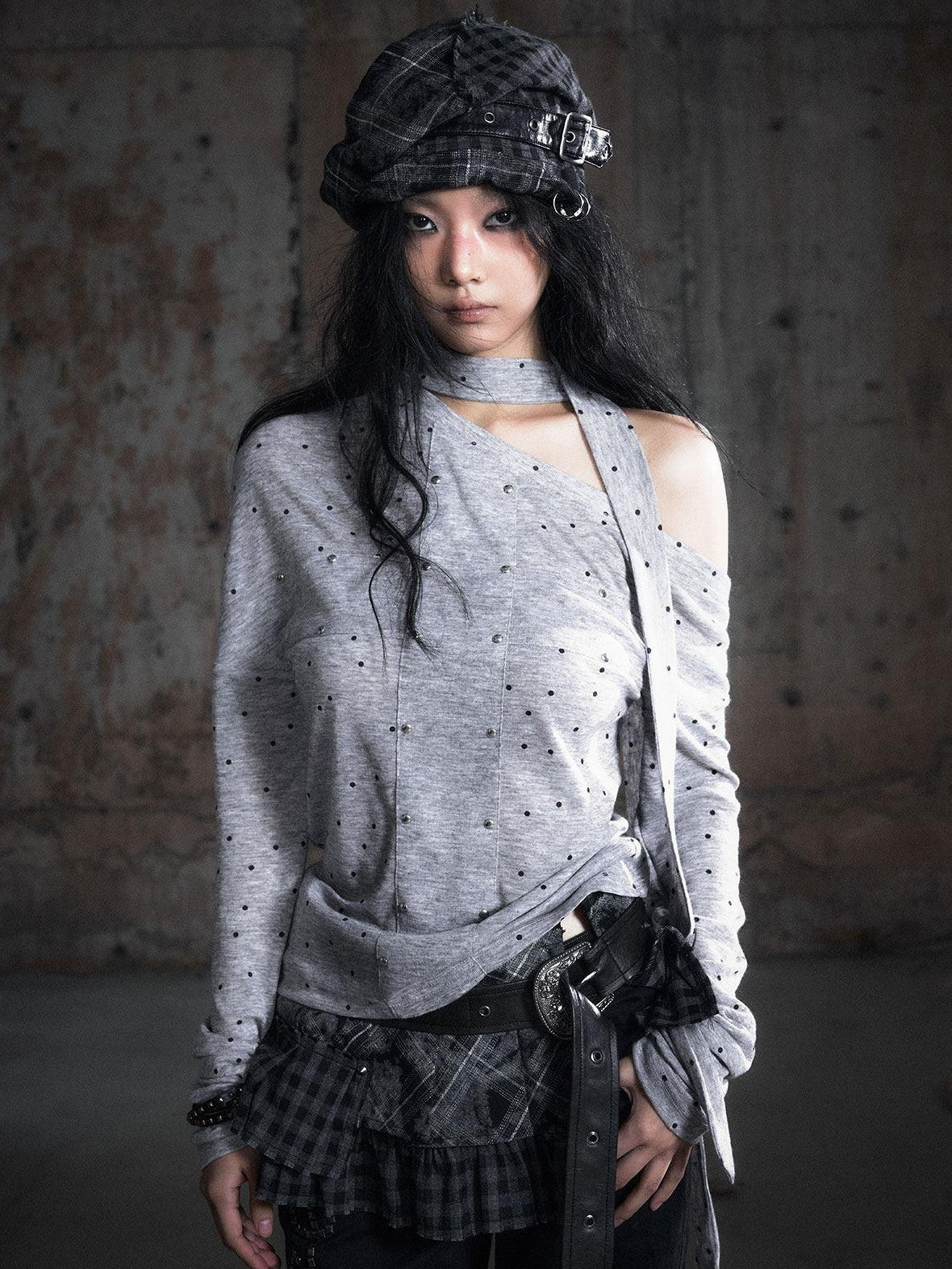 Cest Nous Punk Polka Dot Long Sleeve Asymmetric Women Poly Blend Offshouldercroptops