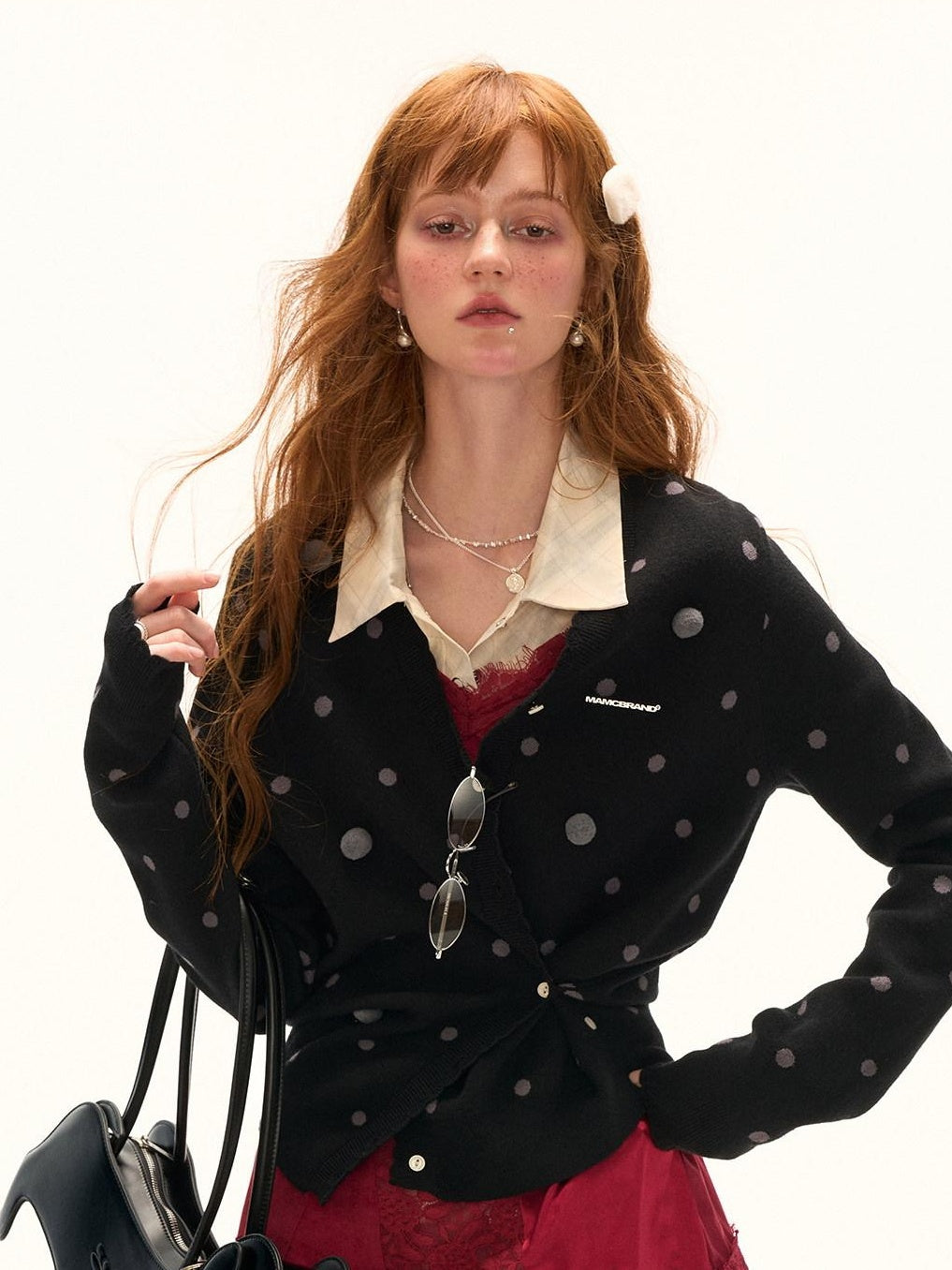 MAMC Comfort Viscose Blend Polka Dot Slim Fit Campus Open Front Long Sleeve Cardigans