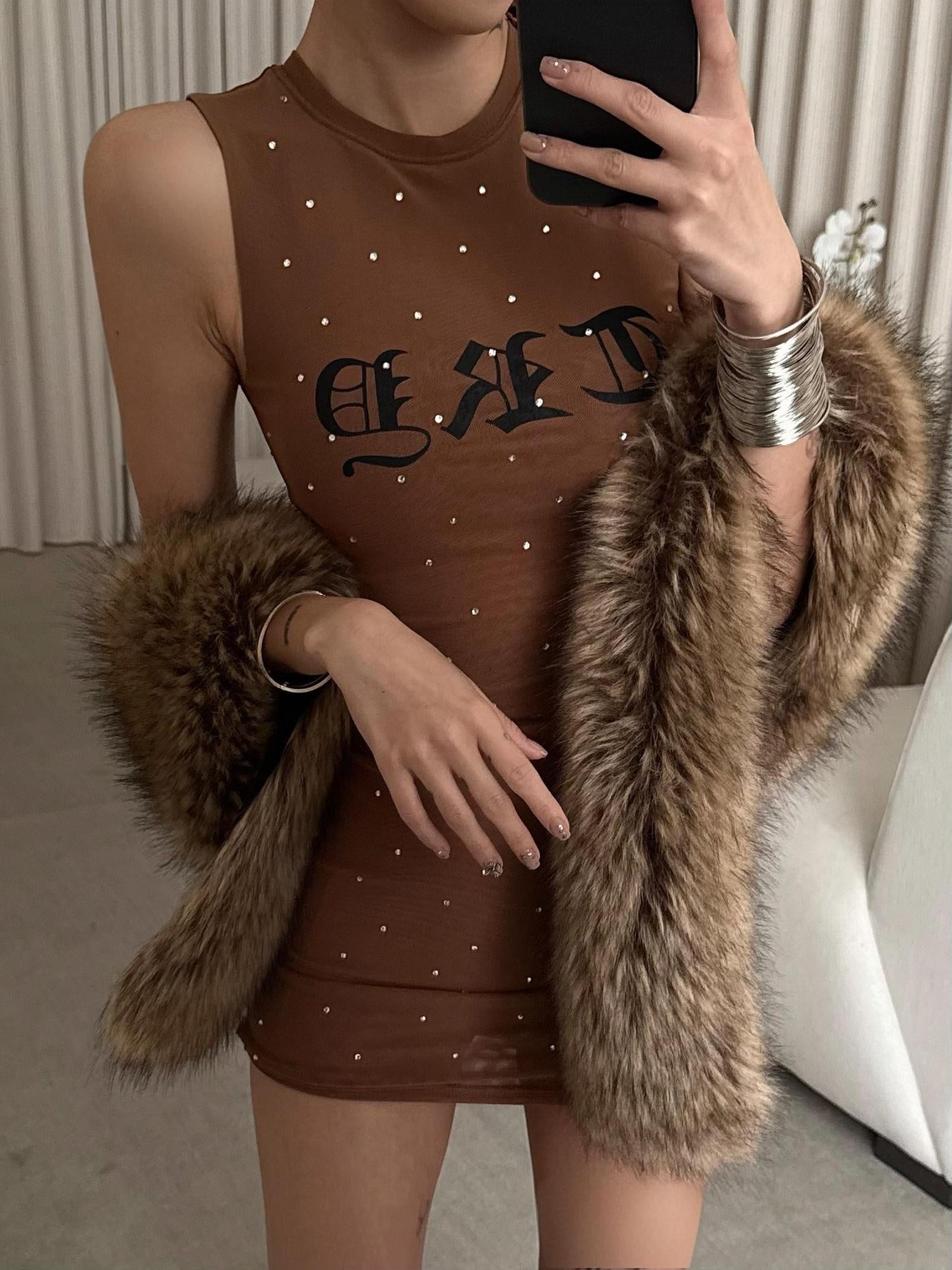 ZERO Rhinestone Stretch Street Bodycon Sleeveless Women Nylon Brown Mini Dresses