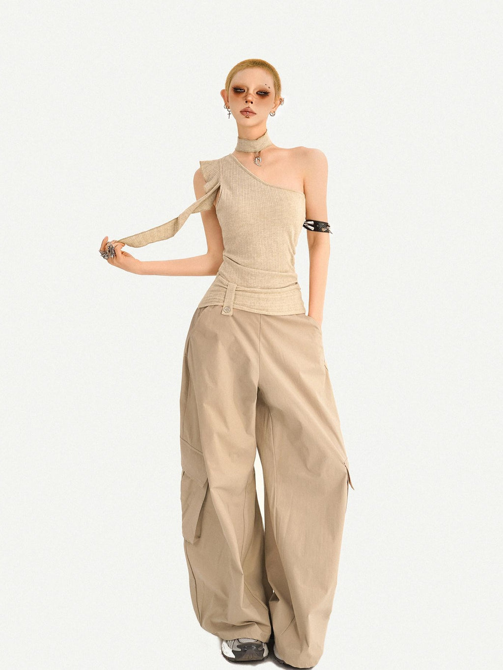 Nico Molly High Waist Khaki Loose Straight Leg Pockets Button Fly Casual Women Cargo Pants