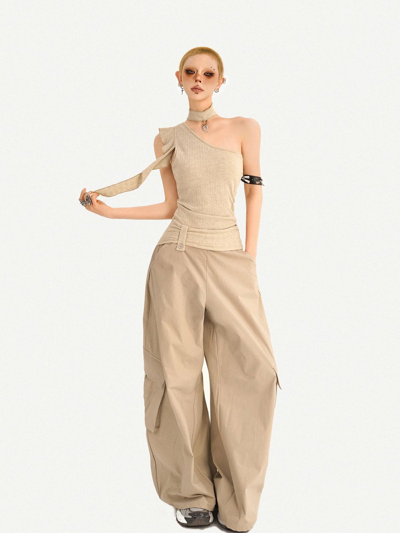 Nico Molly High Waist Khaki Loose Straight Leg Pockets Button Fly Casual Women Cargo Pants