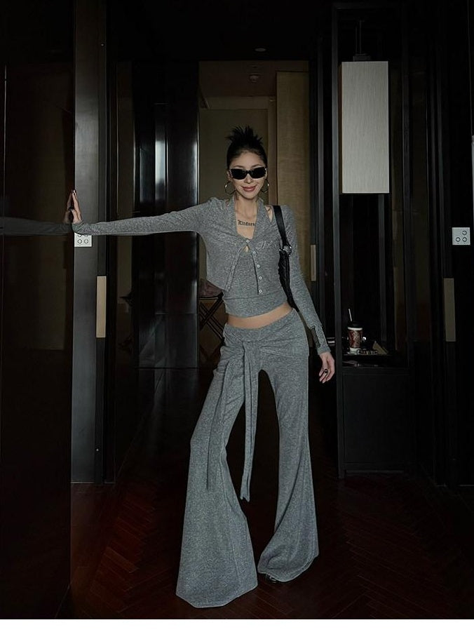 ZERO Embroidered Slim V-neck Vest Cardigan Three Piece Viscose Women Top & Pants Sets