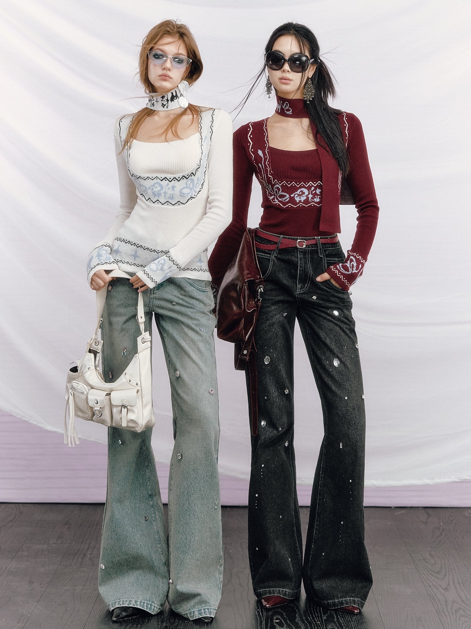 OfAkiva High Waist Distressed Beaded Vintage Micro Flare Women Everyday Flared Jeans