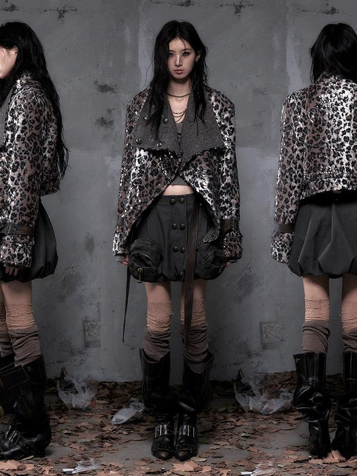 NO ROMANCE Leopard Print Patchwork Reversible Lapel Women'S Boucle Tweed Plush Short Coats