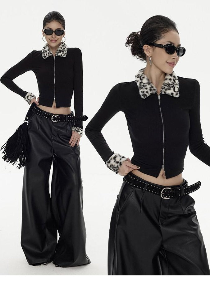 ZERO Soft Thick Zippered Slim Fit Patchwork Lapel Women Daily Black Rayon Cardigans