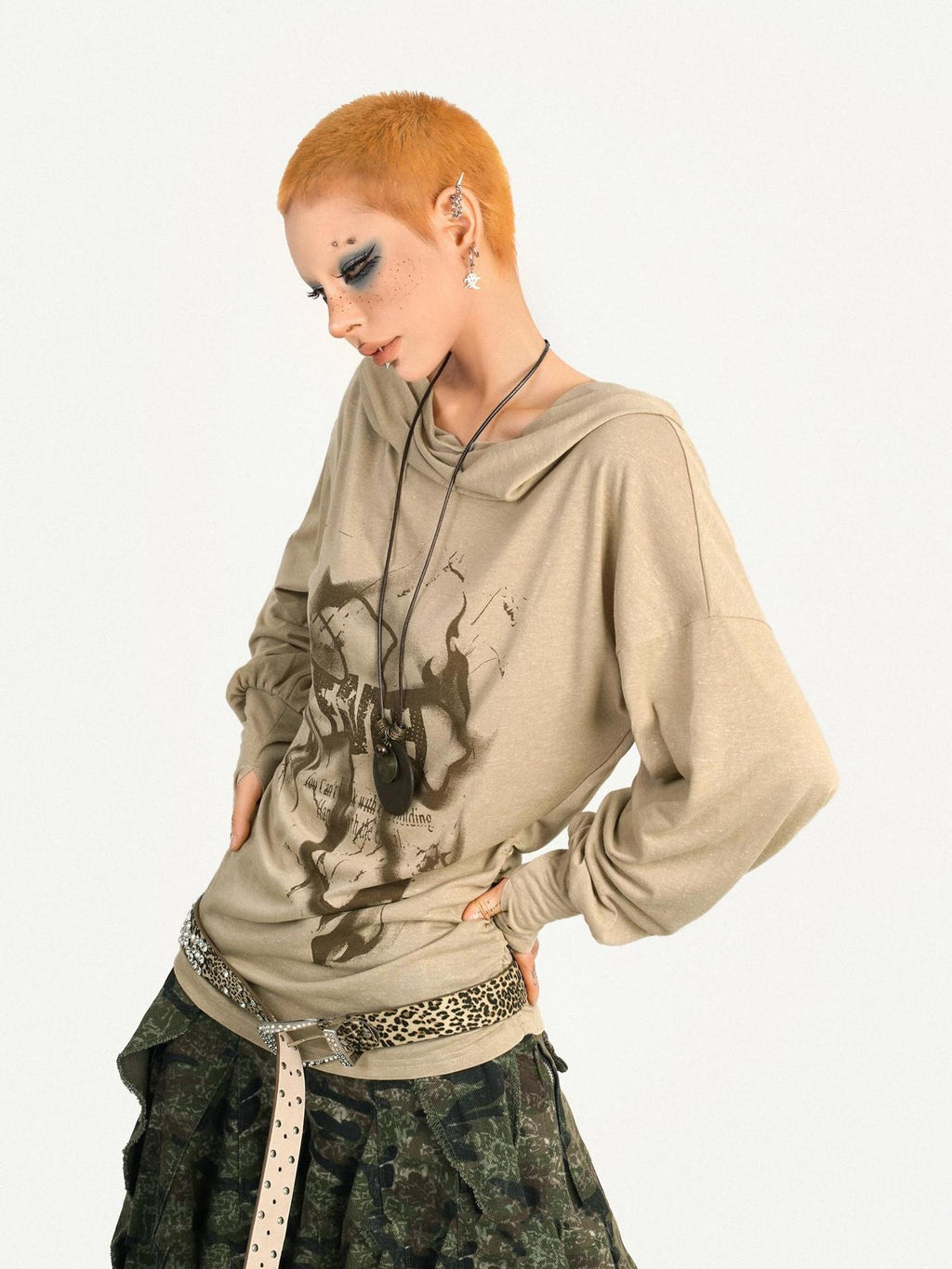 Nico Molly Vintage Loose Fit Hooded Skull Graphic Casual Women Campus Travel Hoodie