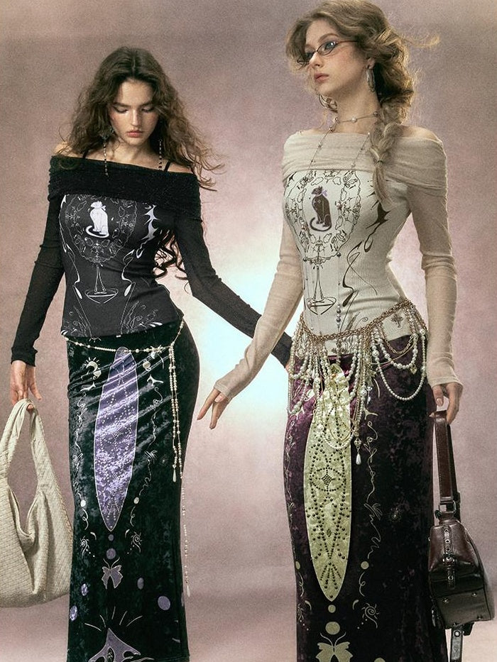 OfAkiva Sequin Spliced Slim Fit Sexy Bardot High Waist Women Long Sleeve T-Shirts