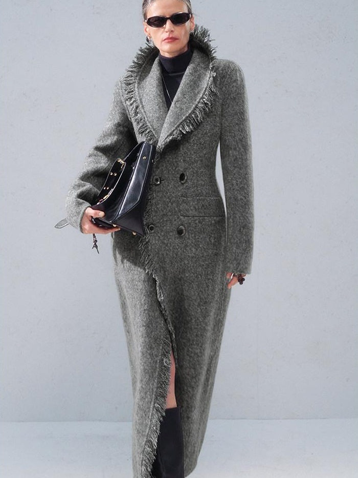 OfAkiva Vintage Slim Wool V-neck Drop Shoulder Single Breasted Women Long Coats