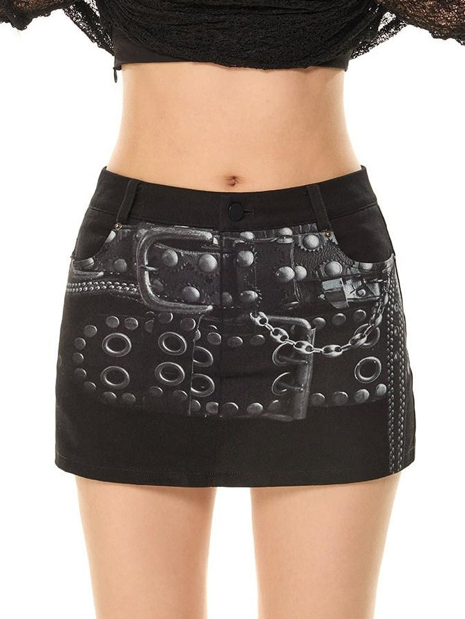 ZERO Printed Cotton Low Waist Slim Hip Sporty Street Black Young Women Mini Skirts