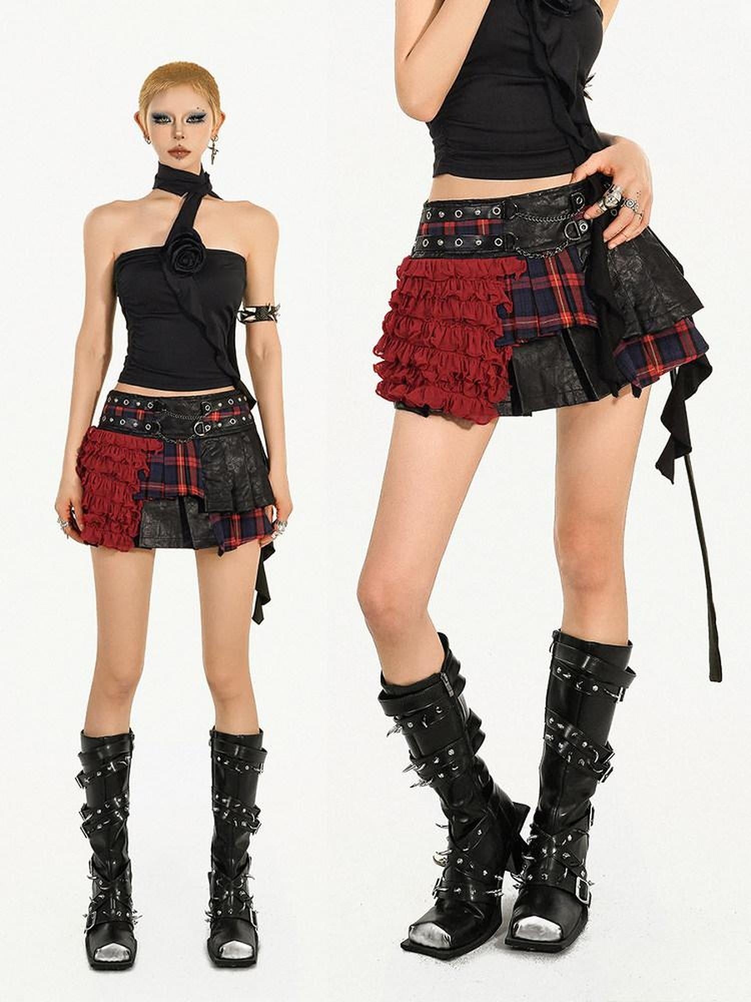 Nico Molly Edgy Punk Pleated Patchwork Zipper Mid Waist Women Citywalk Red Mini Skirts