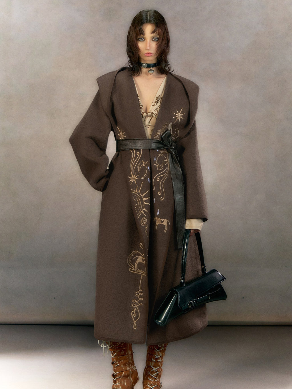 OfAkiva Thick Embroidered Hooded Relaxed Mystic Wool Midlength Brown Long Coats