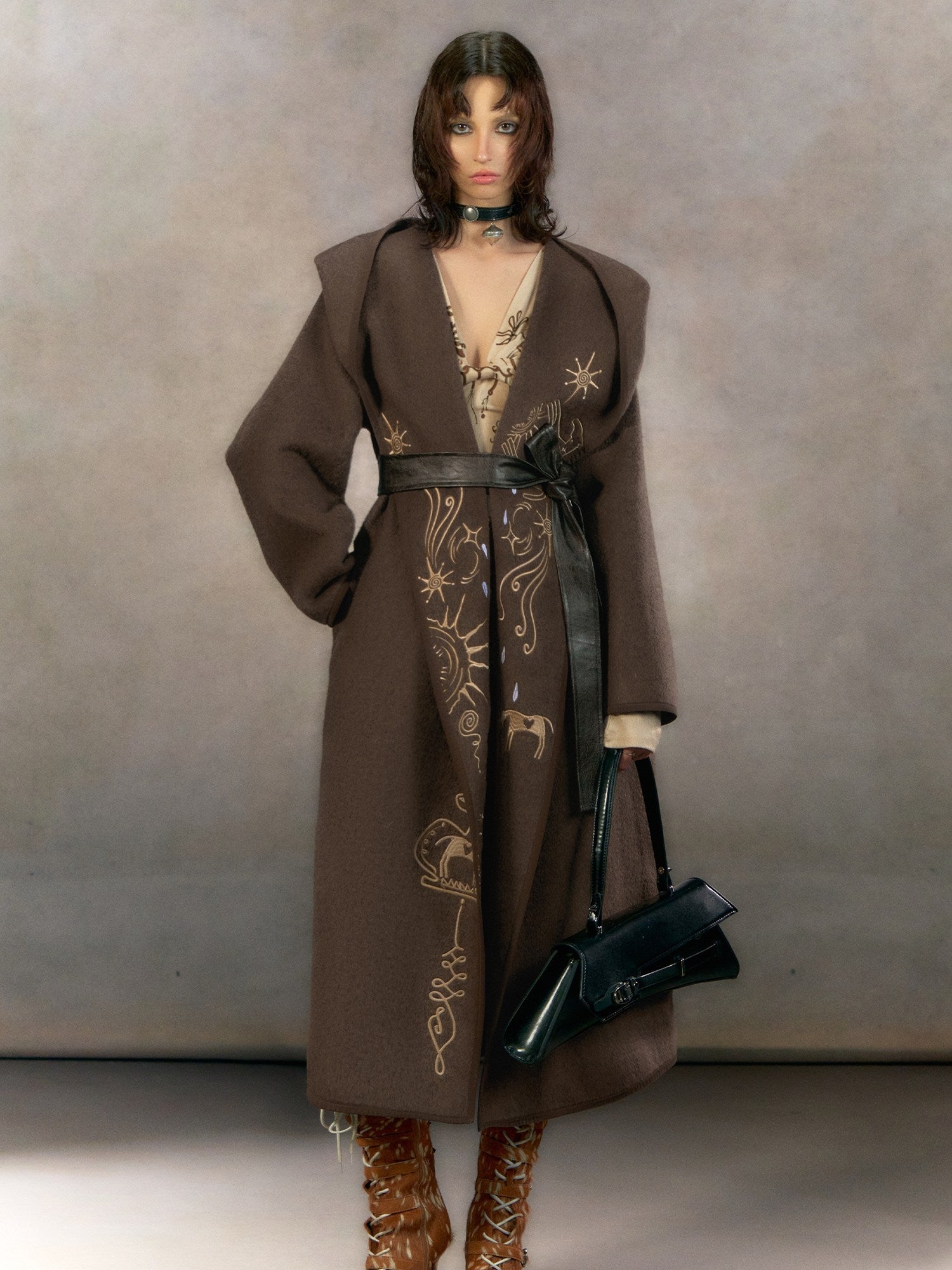 OfAkiva Thick Embroidered Hooded Relaxed Mystic Wool Midlength Brown Long Coats