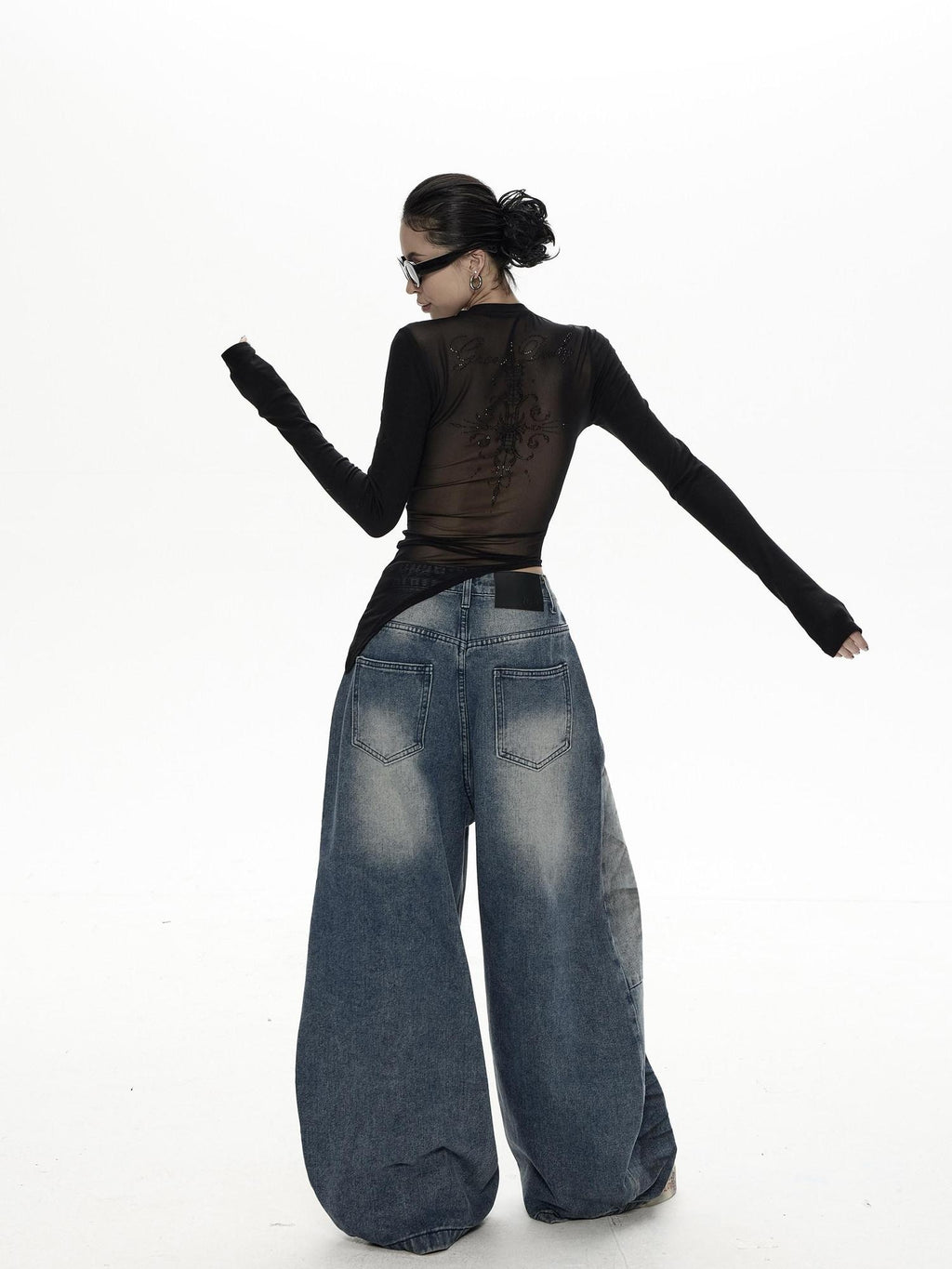 ZERO Rhinestone Mesh Lyocell Slim Cropped Women Black Long Sleeve T-Shirts