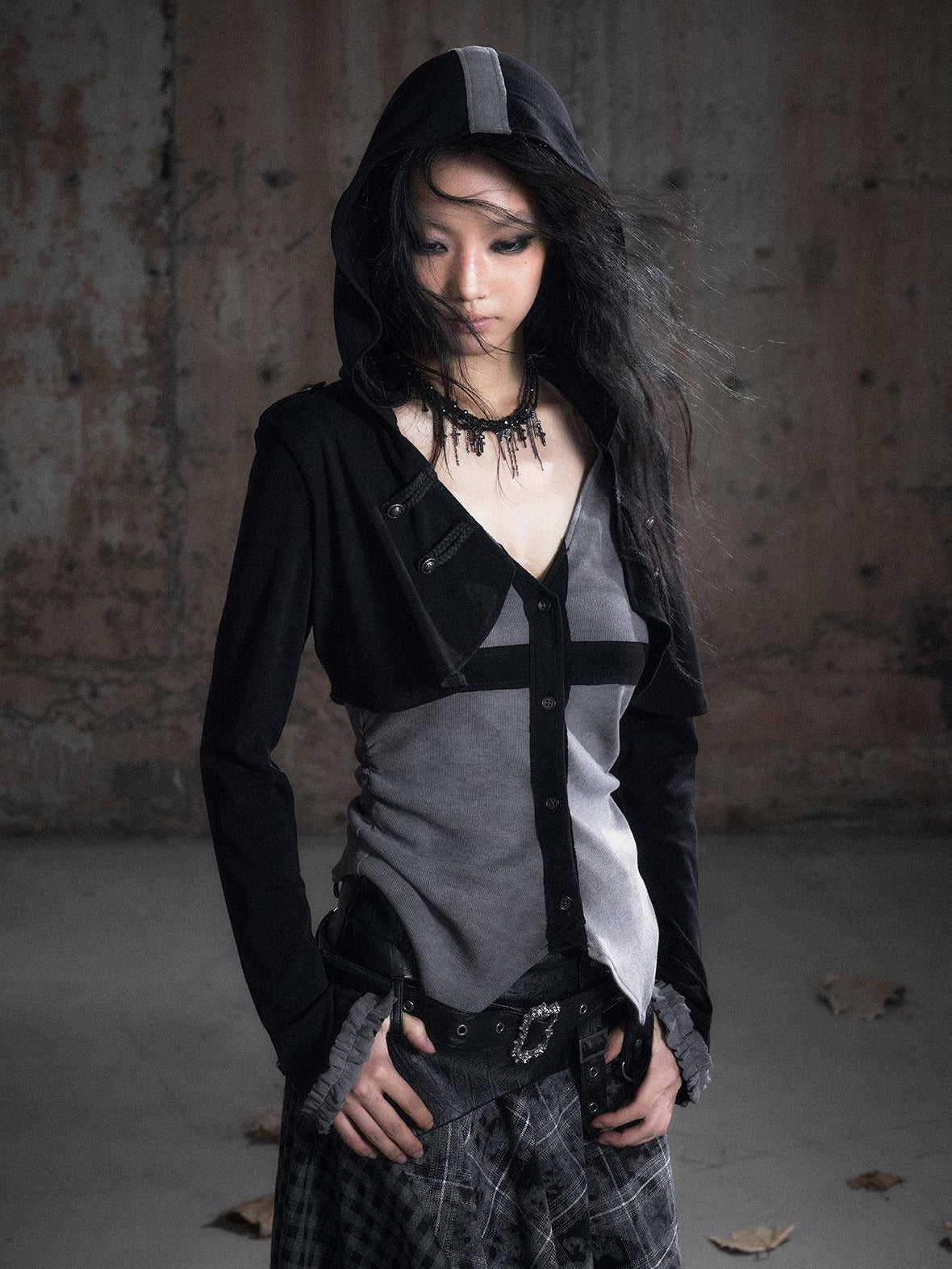 Cest Nous Slim Hooded Patchwork Knit Punk Long Sleeve Open Front Women Black Gray Blouses