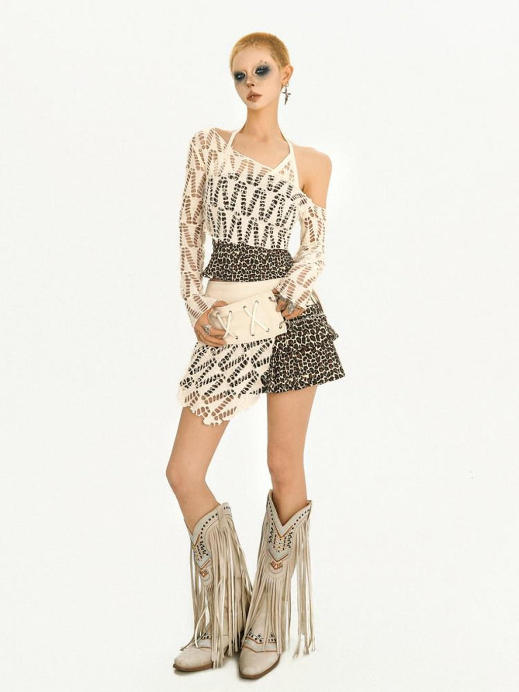 Nico Molly Animal Patchwork Long Sleeve Round Neck Women Polyester Top & Skirt Sets