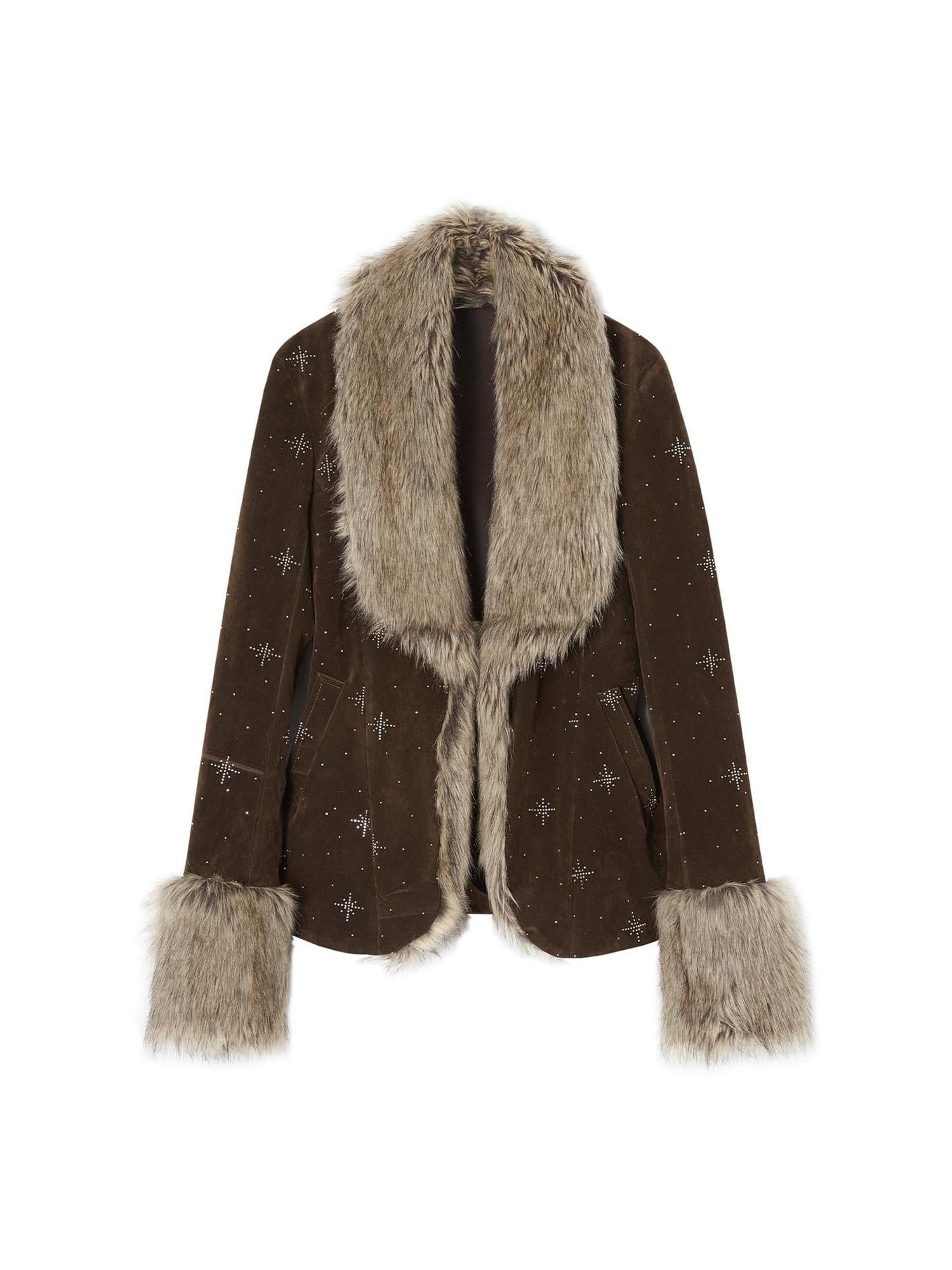 OfAkiva Rhinestone Vintage Oversized Lapel Raglan Short Women Brown Cropped Jackets