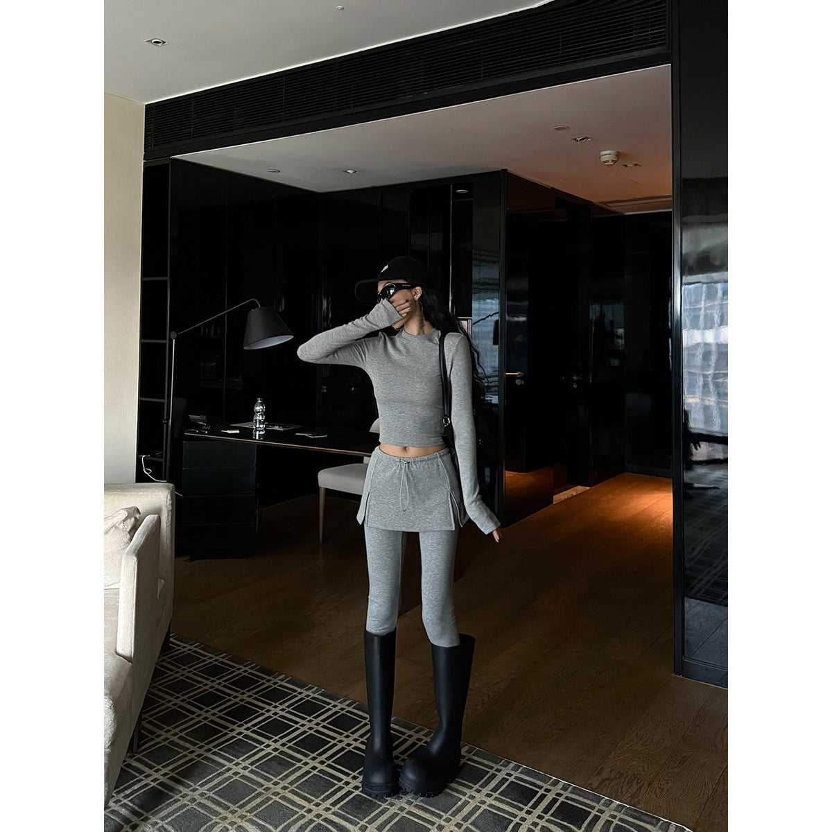 ZERO_Slim_Fit_Crop_Long_Sleeve_Viscose_Top_Mid_Rise_Pants_Gray_Women_Top_&_Pants_Sets_MISSTT