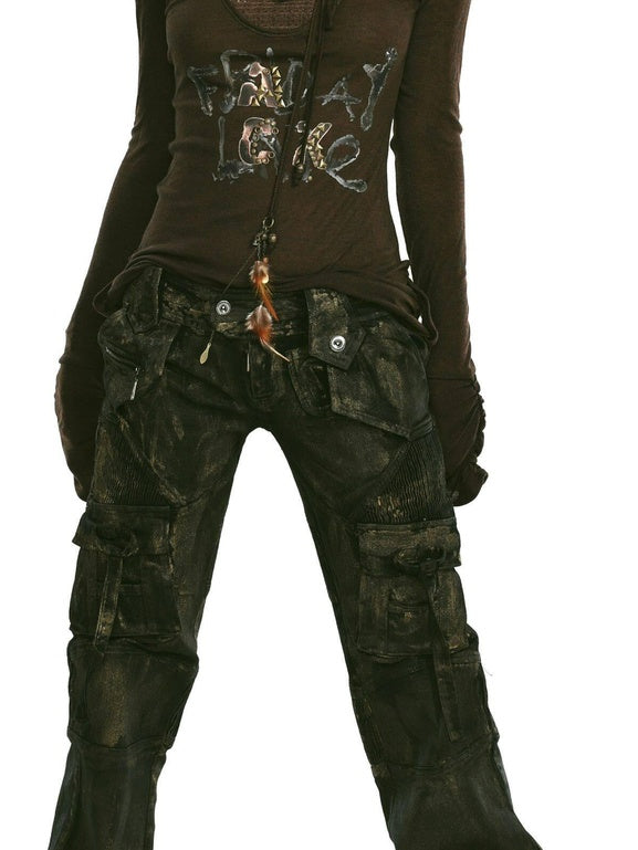 OPEN AESTHETIC Studded Leather Patch Creative Letter Print Slim Fit Women Long Sleeve T-Shirts