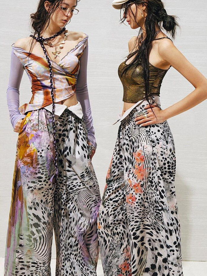 OfAkiva High Waist Leopard Print Cuffed Minimal Women Light Stretch Wide Leg Pants