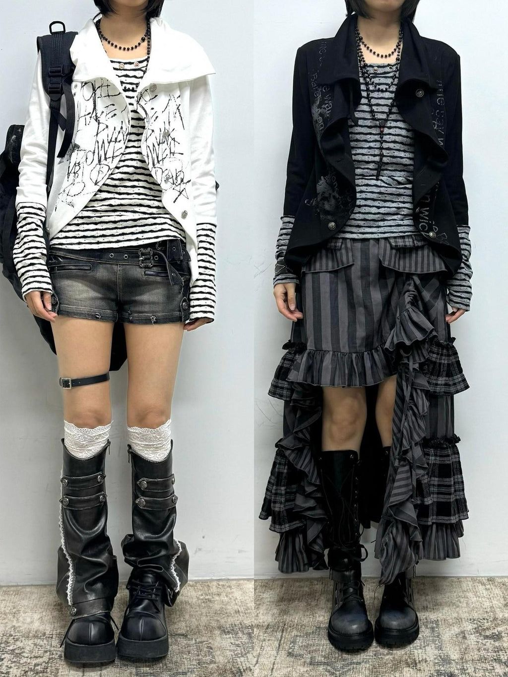 Cest Nous Stretch Cotton Punk Faux Layer Women Striped Pullover Black White Cardigans