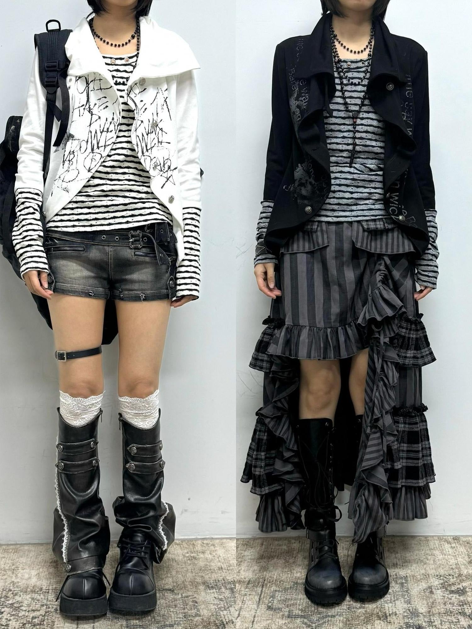 Cest Nous Stretch Cotton Punk Faux Layer Women Striped Pullover Black White Cardigans