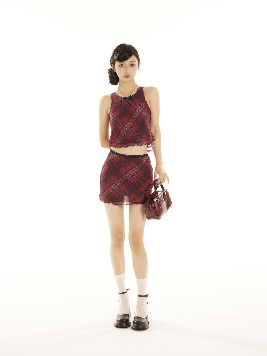 ZERO Safety Shorts Included Green Plaid Round Neck Youth Polyester Top & Skirt Sets