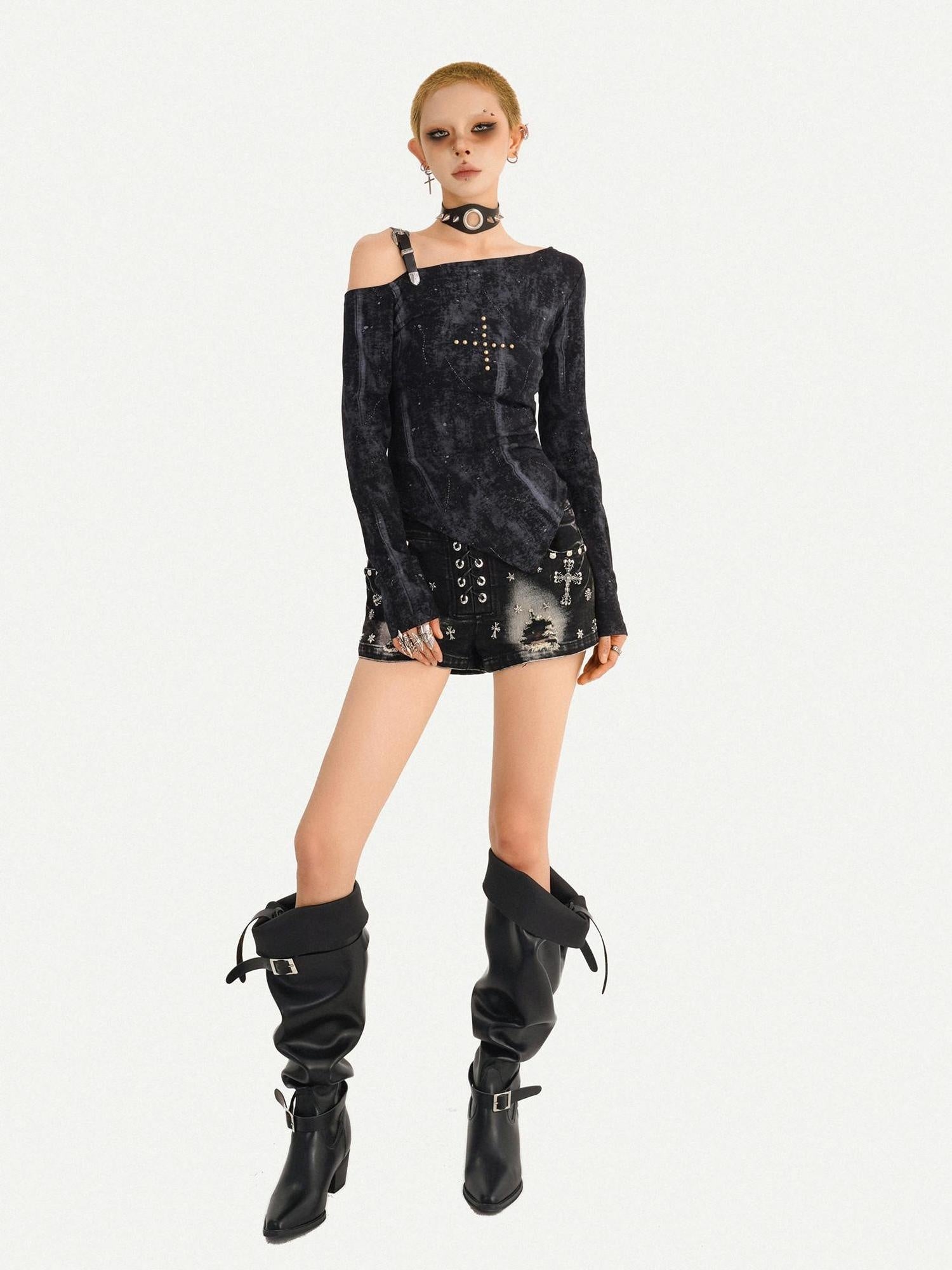 Nico Molly Vintage Wash Slim Fit One Shoulder Street Asymmetric Long Sleeve T-Shirts