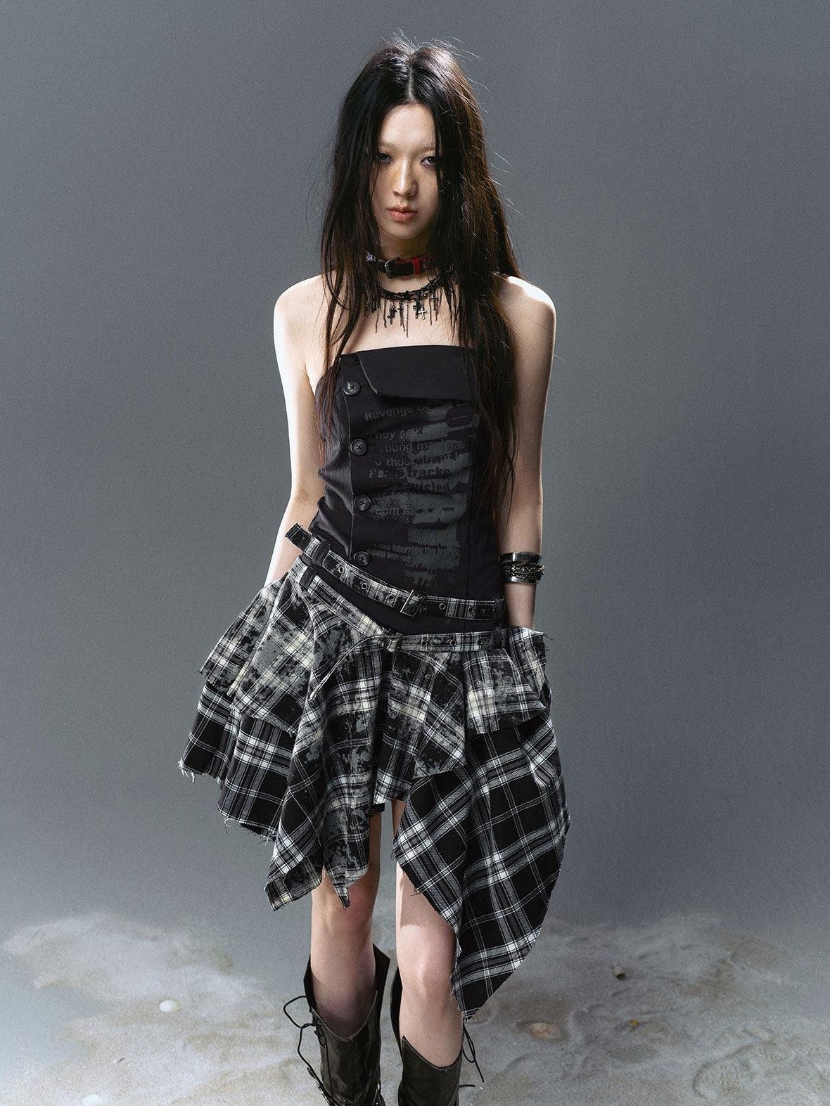 Cest Nous Strapless Asymmetric Print Cinched Waist A Line Cotton Street Style Minidresses