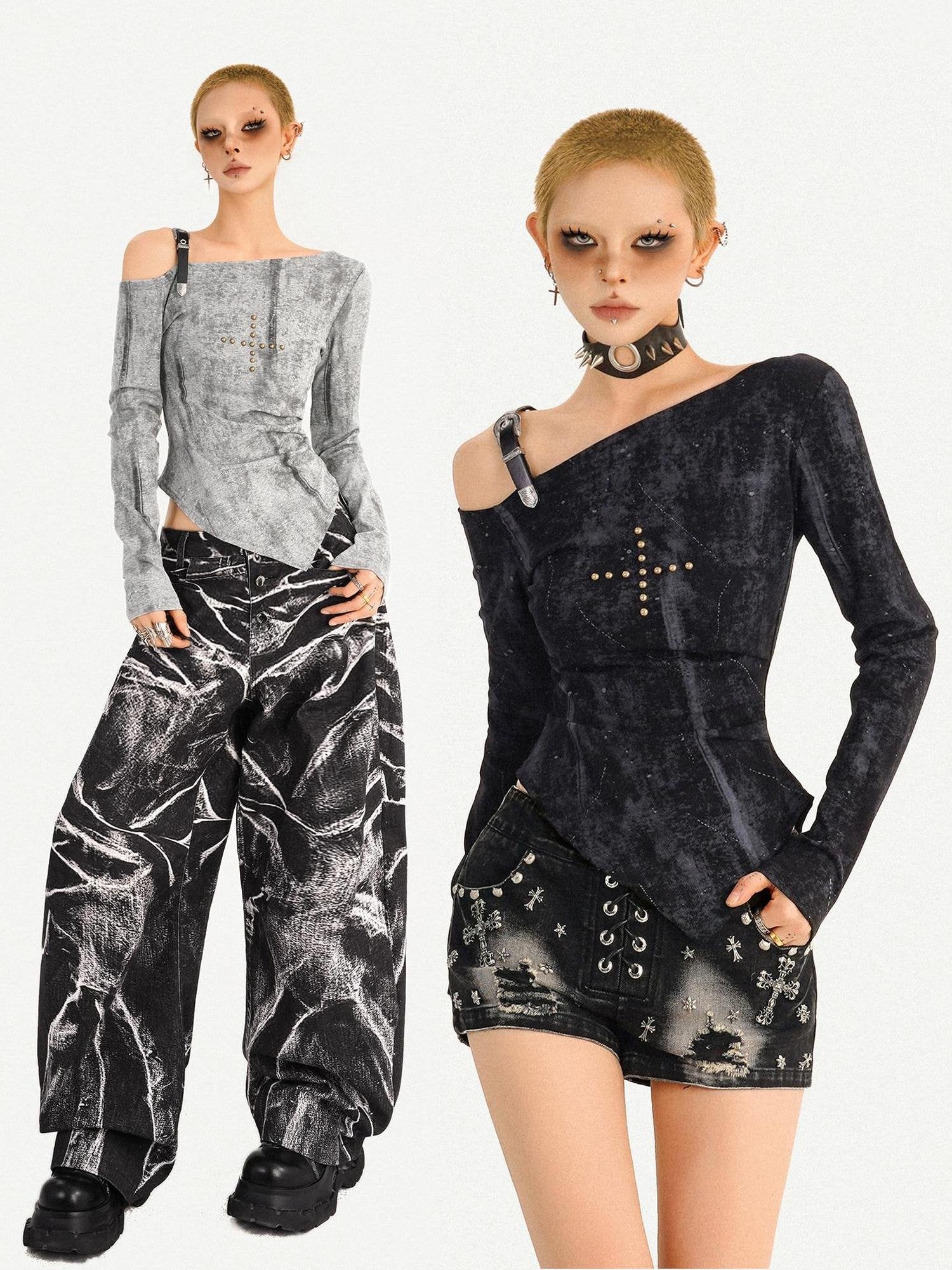 Nico Molly Vintage Wash Slim Fit One Shoulder Street Asymmetric Long Sleeve T-Shirts