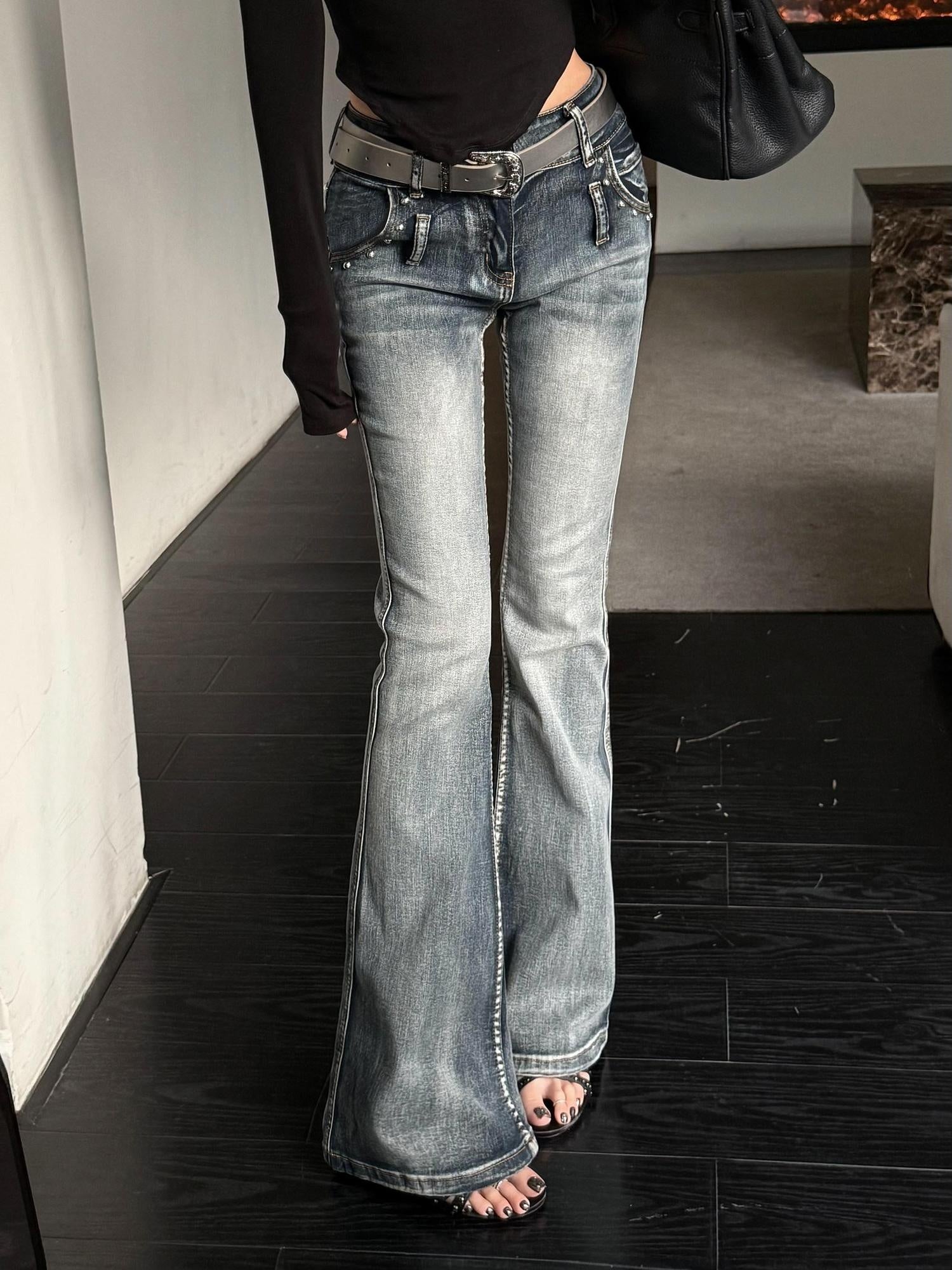 ZERO High Stretch Washed Natural Waist Embroidered Women Vintage Blue Flared Jeans